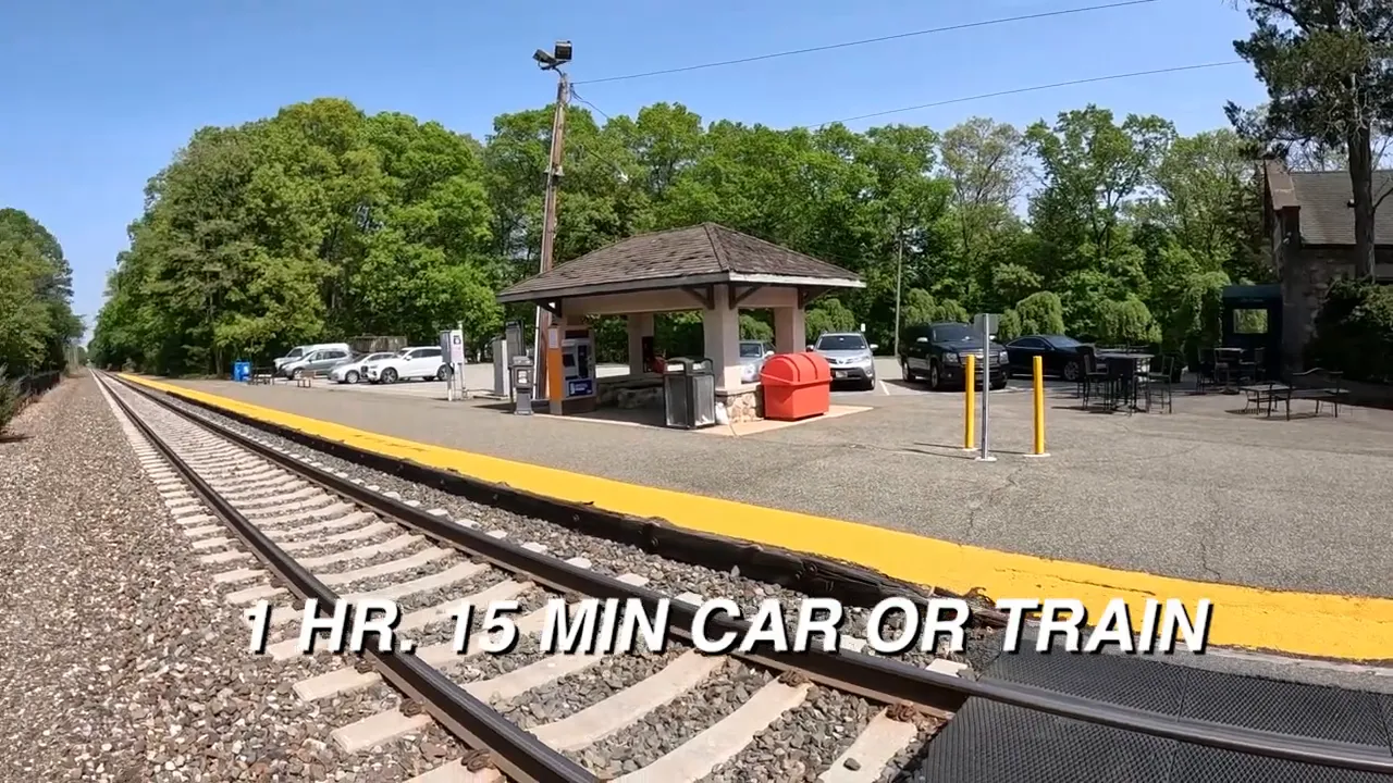 train platform and tracks with on screen text 1 hr 15 min car or train