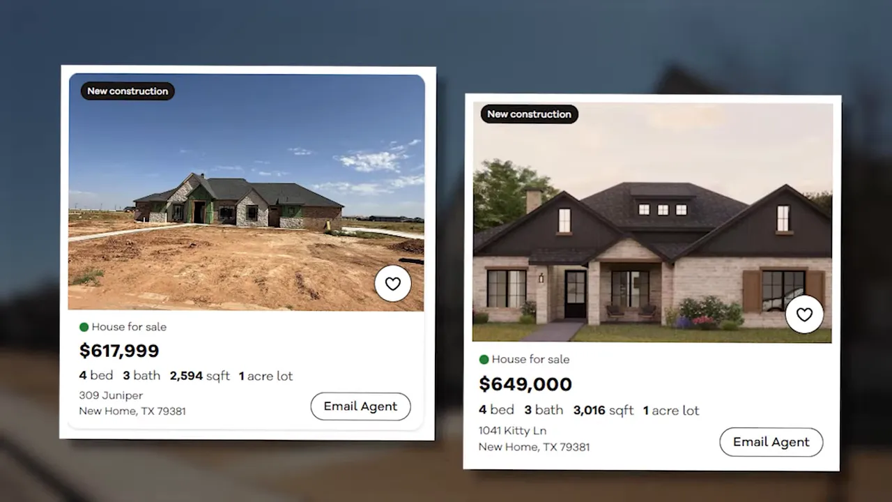 Two clear new construction home listings with prices, beds, baths and square footage