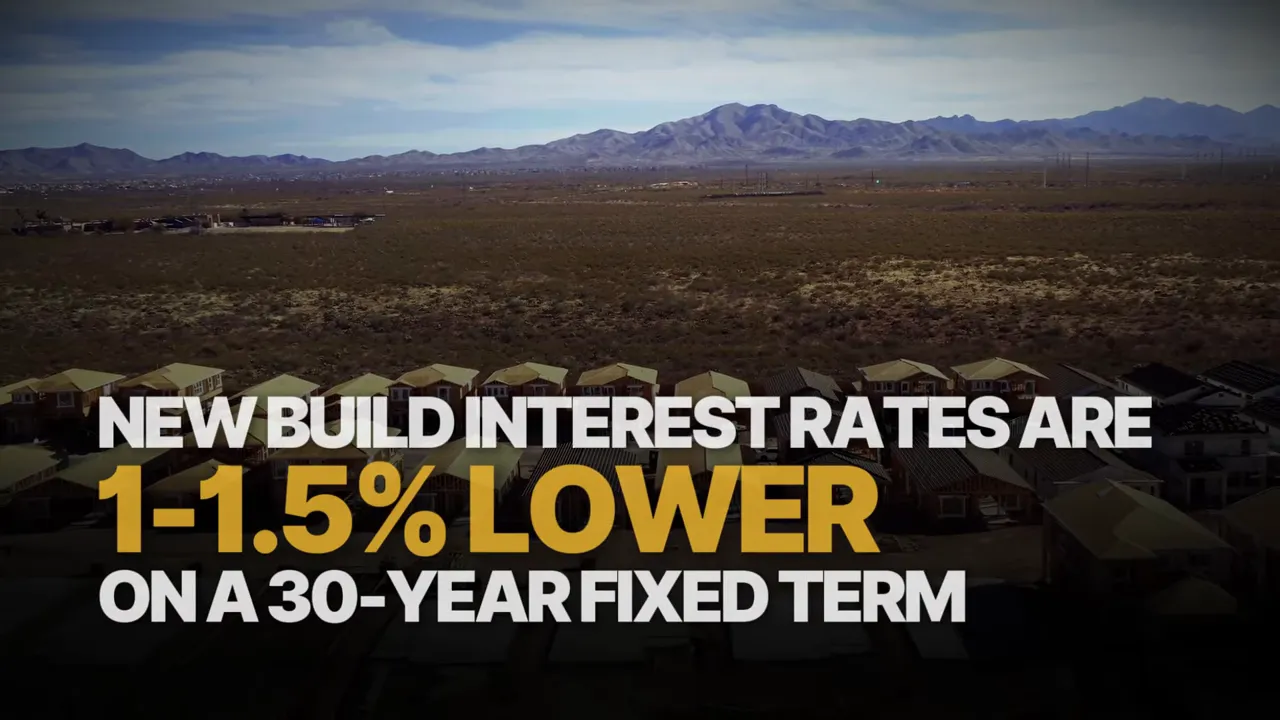 Aerial neighborhood graphic stating new build interest rates are 1 to 1.5 percent lower on a 30 year fixed term