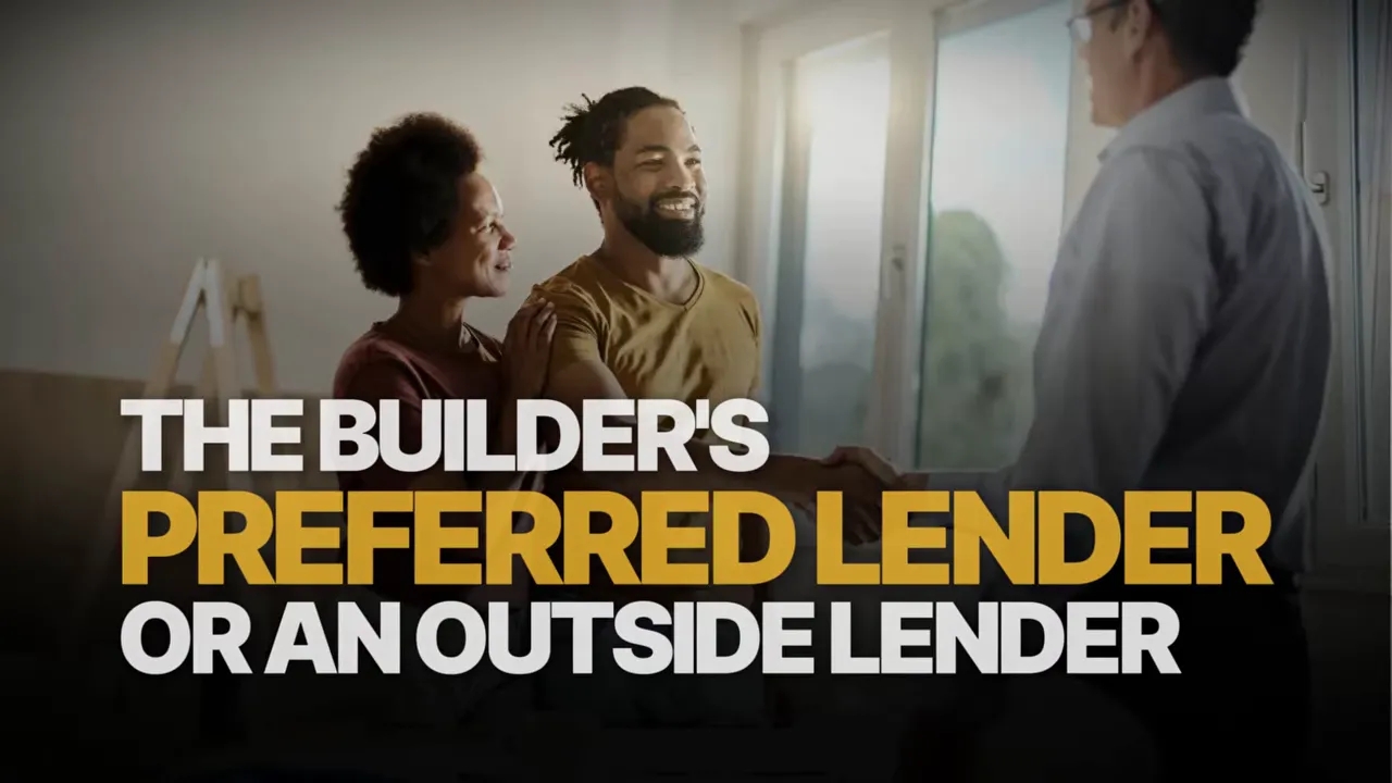 Homebuyers meeting with a representative and text reading builders preferred lender or an outside lender