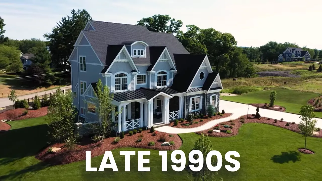 Older house labeled late 1990s beside newer house labeled 2000s