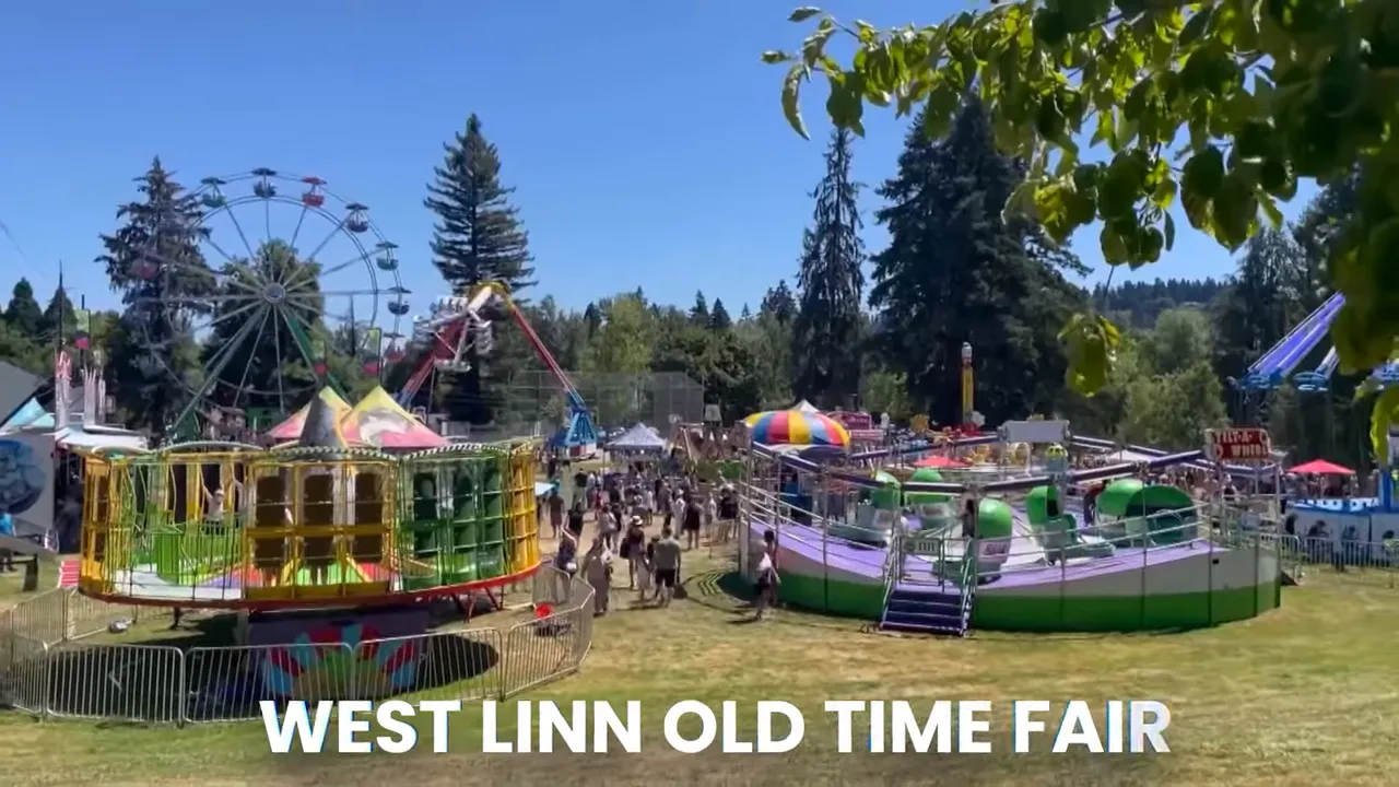 West Linn Old Time Fair parade float and people gathered in a park