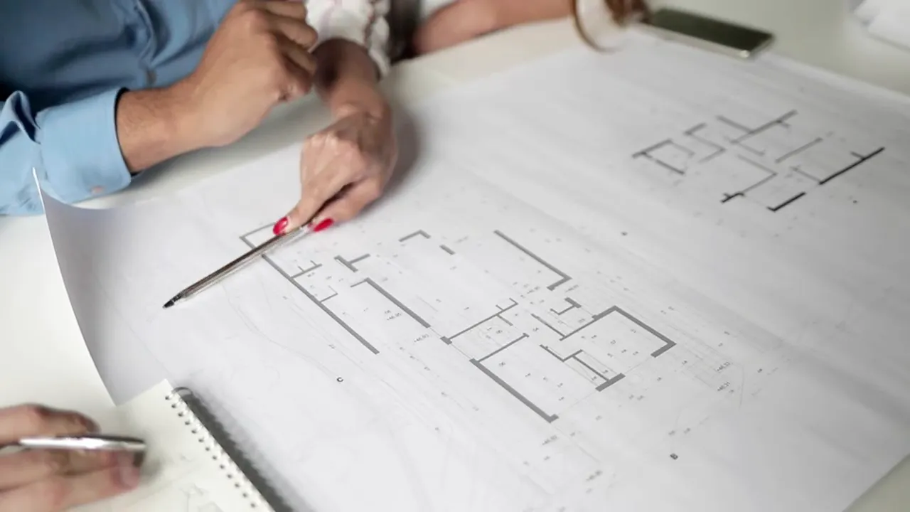 Architect discussing a floor plan layout with pen