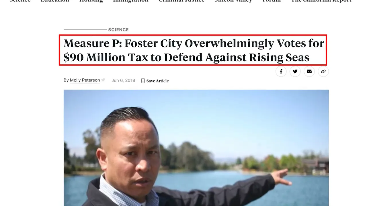Headline about Foster City voters approving a 90 million tax for rising seas defense