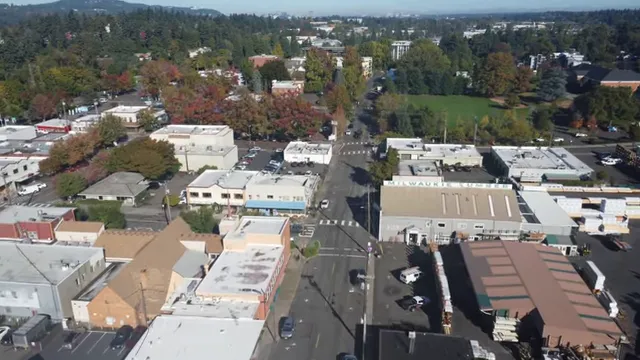 Aerial view looking down Main Street in downtown Milwaukie