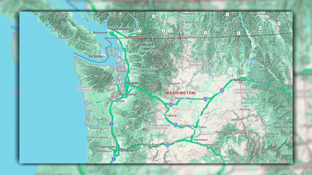 Map screenshot of Washington state with surrounding cities and highways labeled