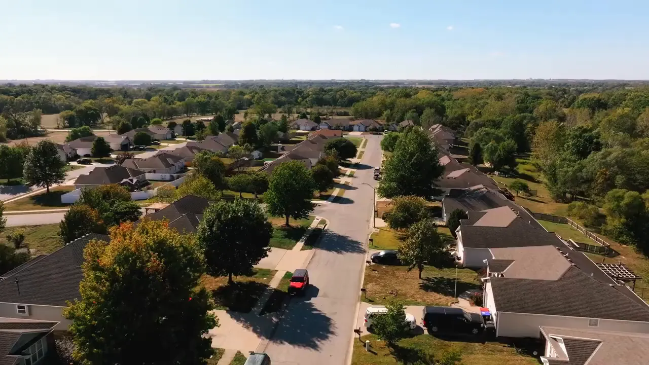 Aerial view down a central street in Iron Horse neighborhood in Warrensburg Missouri