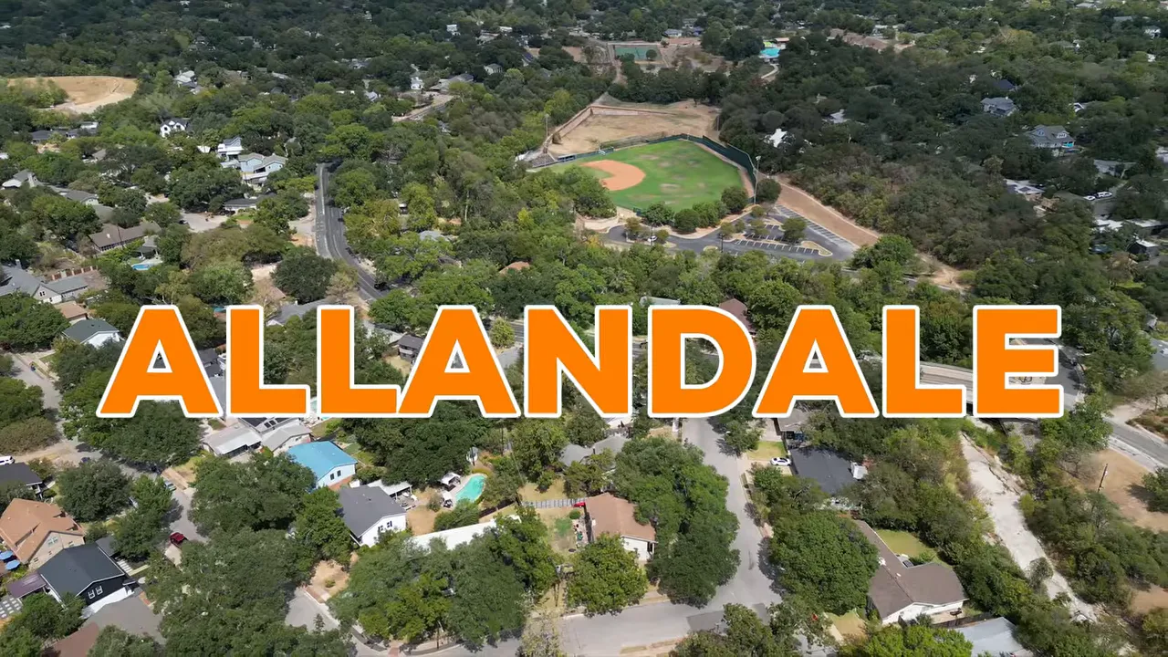 Aerial view of tree-covered residential blocks labeled Allandale