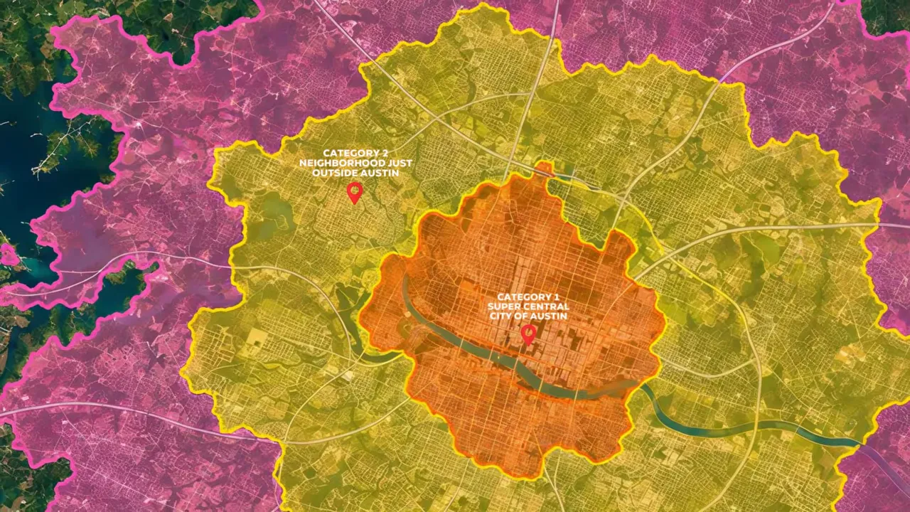 Regional map with orange, yellow, and pink shaded areas around Austin