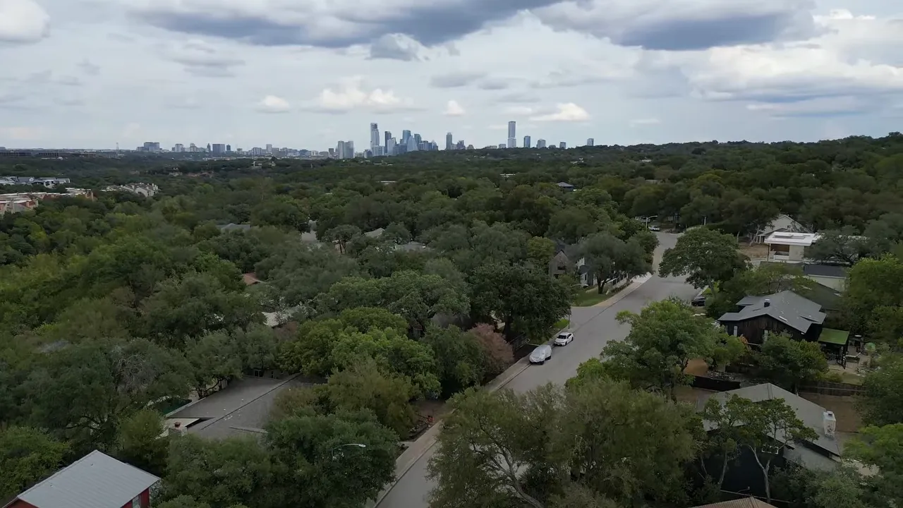 Aerial view of winding residential streets beneath a dense tree canopy