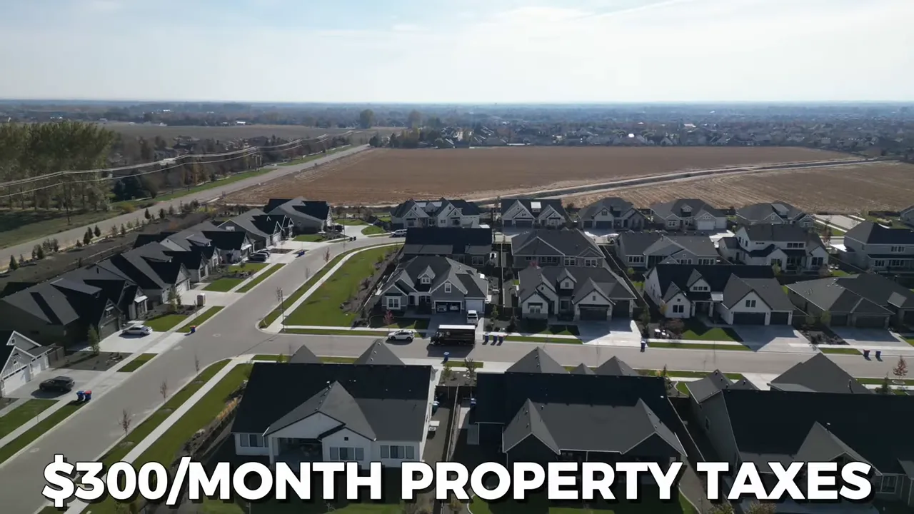Aerial view of a Boise-area neighborhood showing homes and streets with $300 per month property taxes context
