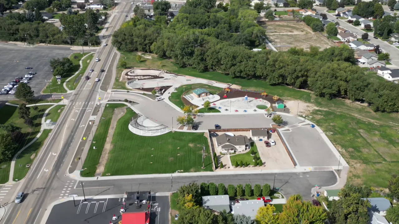 Aerial view of a Boise-area community park with playground and walking paths