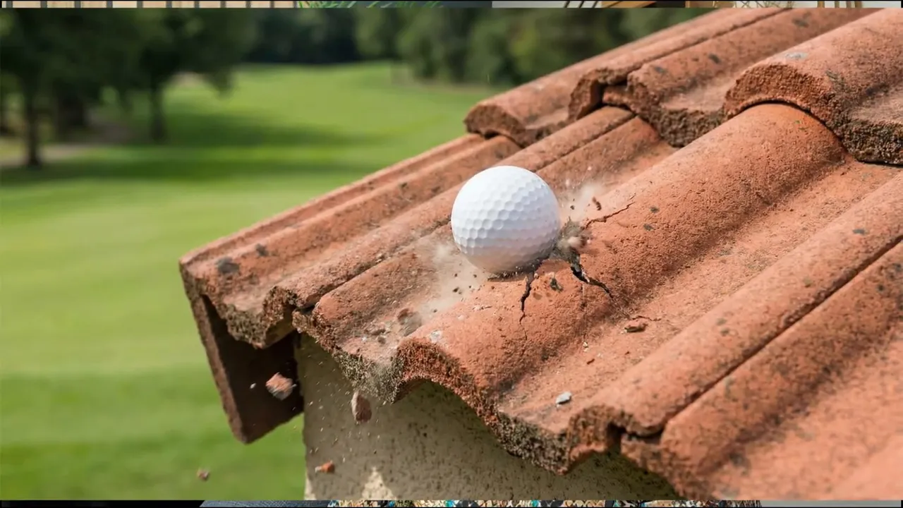 Golf ball resting on broken concrete roof tiles with visible cracks indicating impact damage