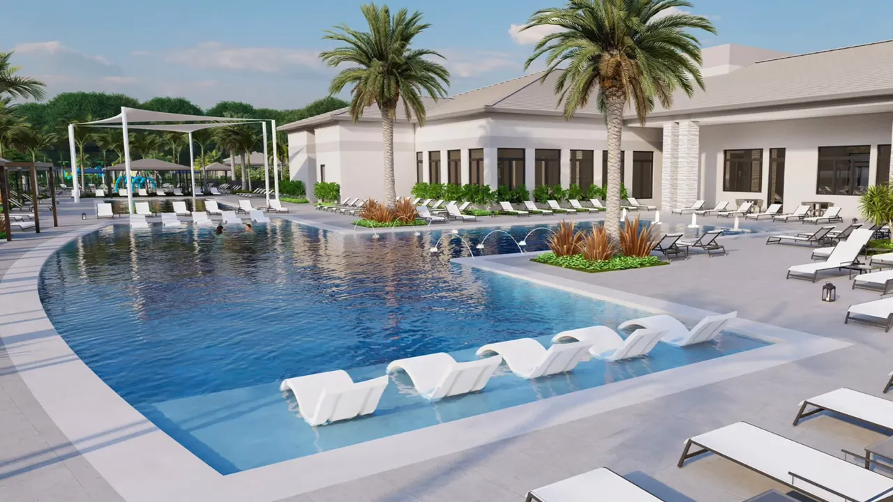 Clubhouse pool deck rendering with lounge chairs