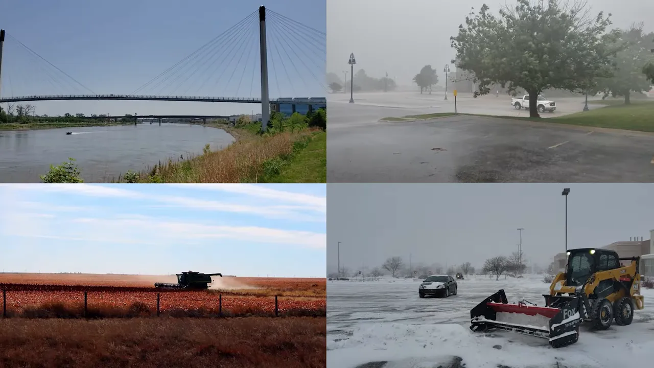 Collage of Omaha weather: riverfront, heavy rain, a harvest field and a snow plow clearing parking lot illustrating storm and winter risks