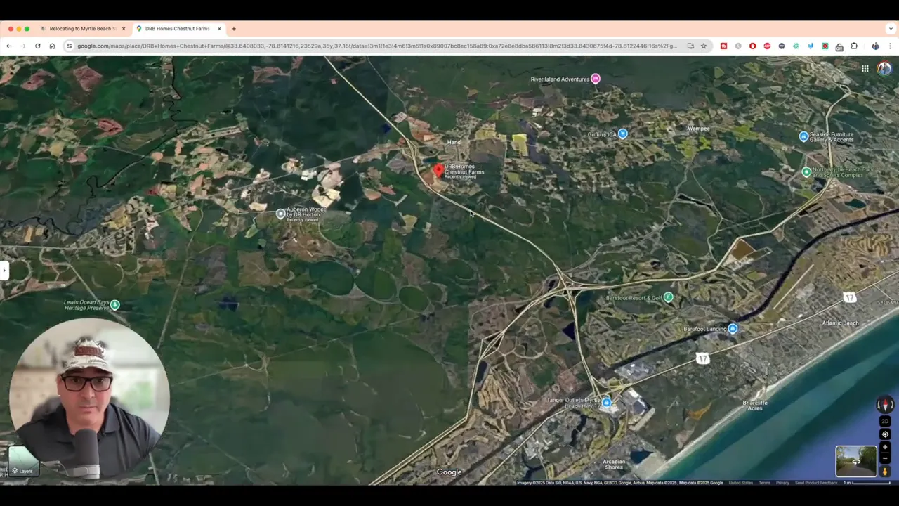 Map view of Myrtle Beach area with roads neighborhoods and coastline