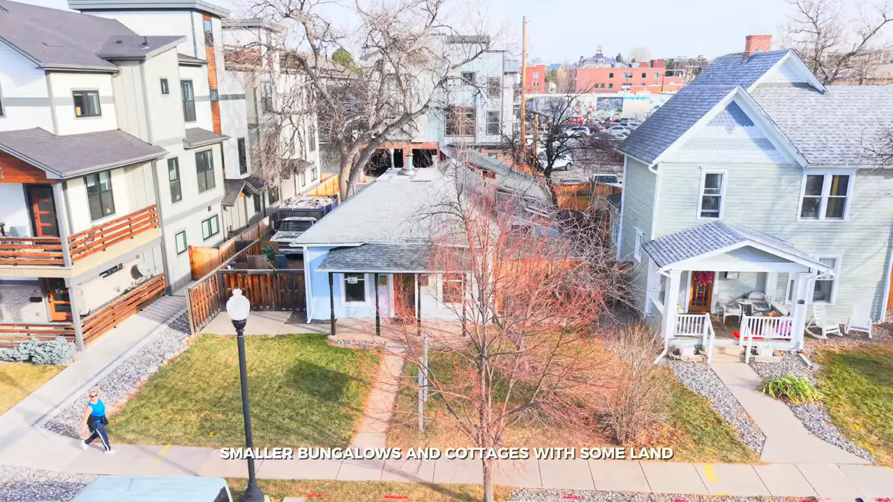 Aerial view of older homes and newer multi story homes in downtown Littleton