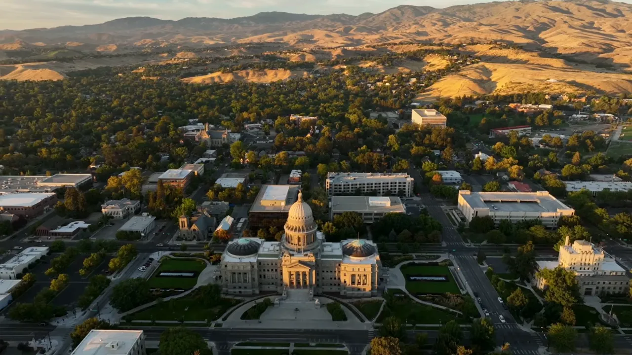 Aerial view of Boise, Idaho including the Idaho State Capitol at sunset