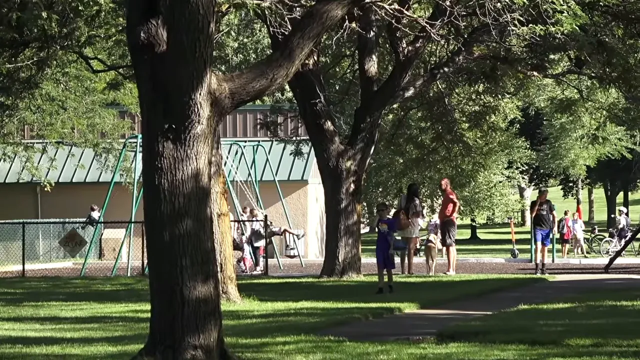 Families and kids enjoying a sunny Boise neighborhood park walkway under large trees