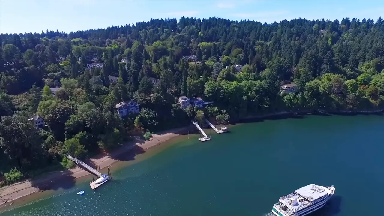 Aerial view of a riverfront neighborhood with docks and dense tree canopy, representing Dunthorpe