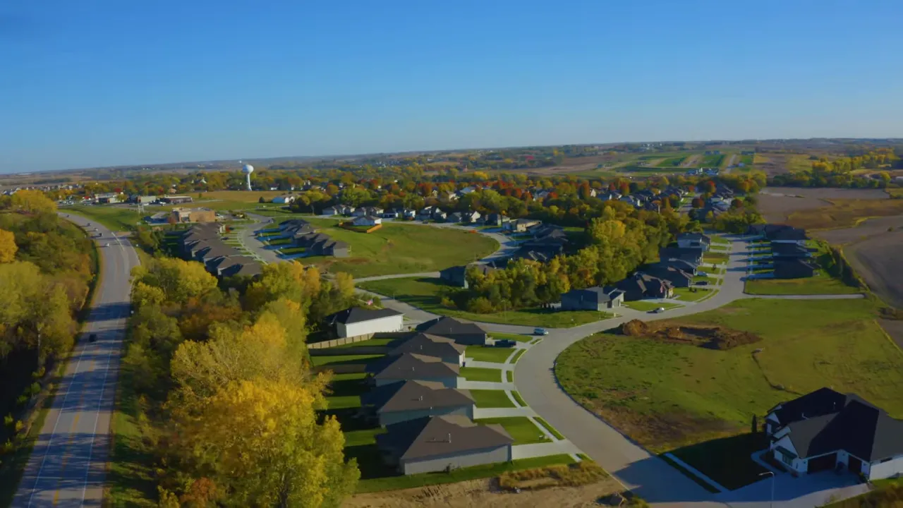Aerial view of Bennington neighborhood streets and homes in the Omaha area