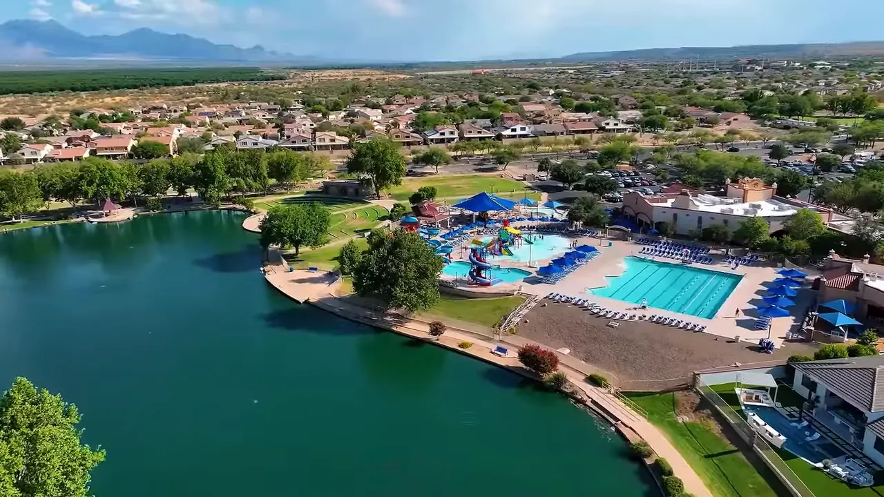Aerial view of Rancho Sahuarita lake and community pool complex