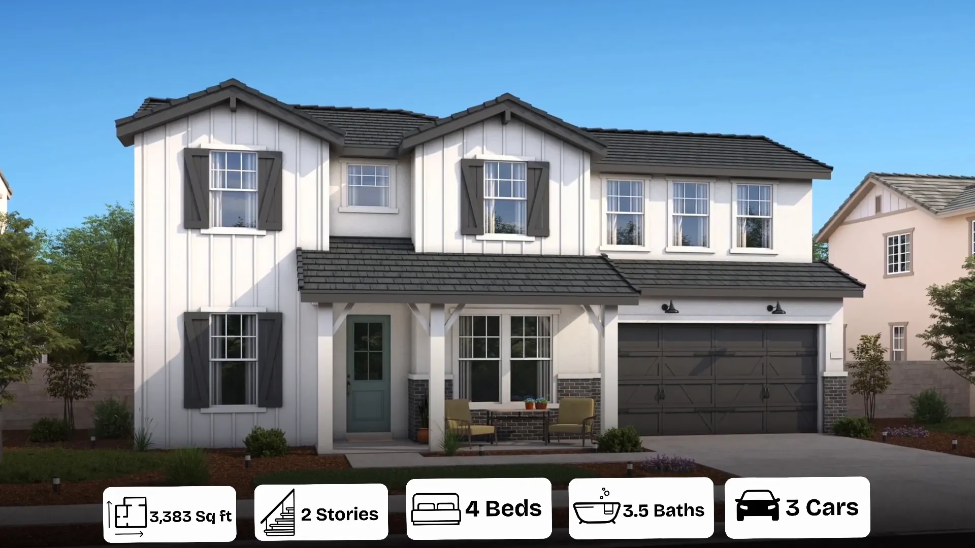 exterior rendering of two-story home labeled 3,383 sq ft with front porch and garage
