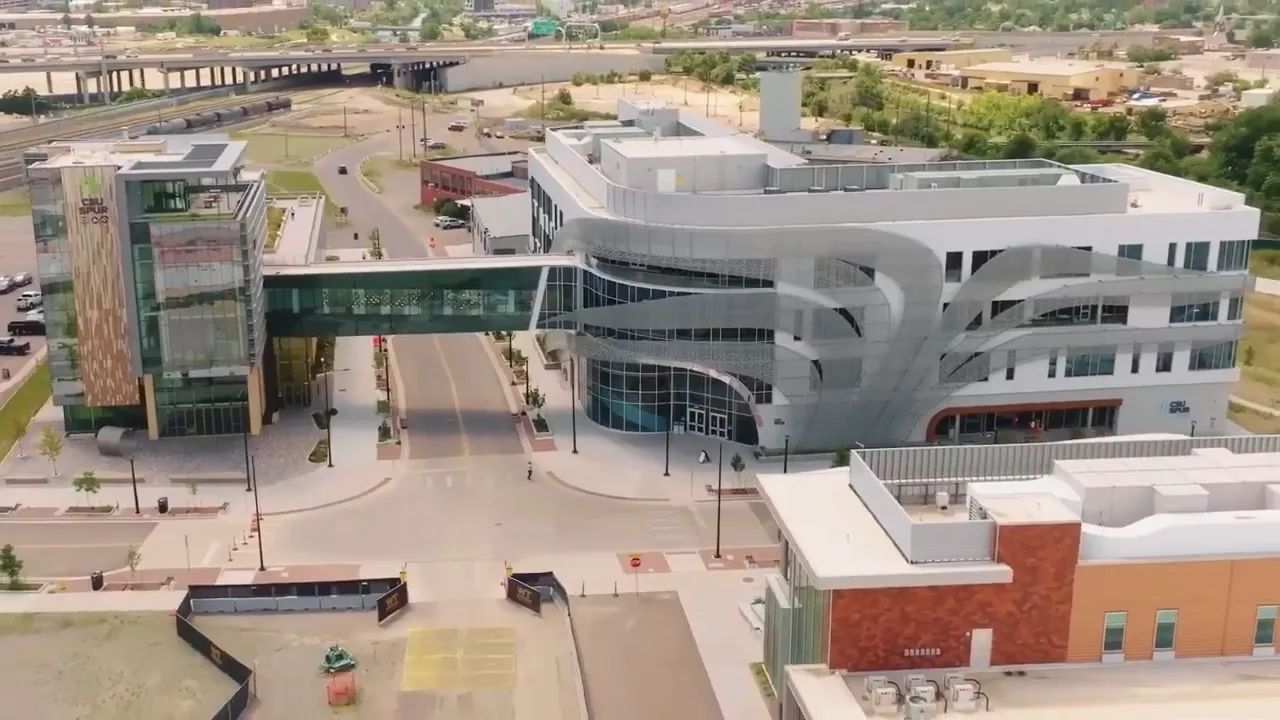 Aerial view of CSU Spur buildings connected by elevated walkway