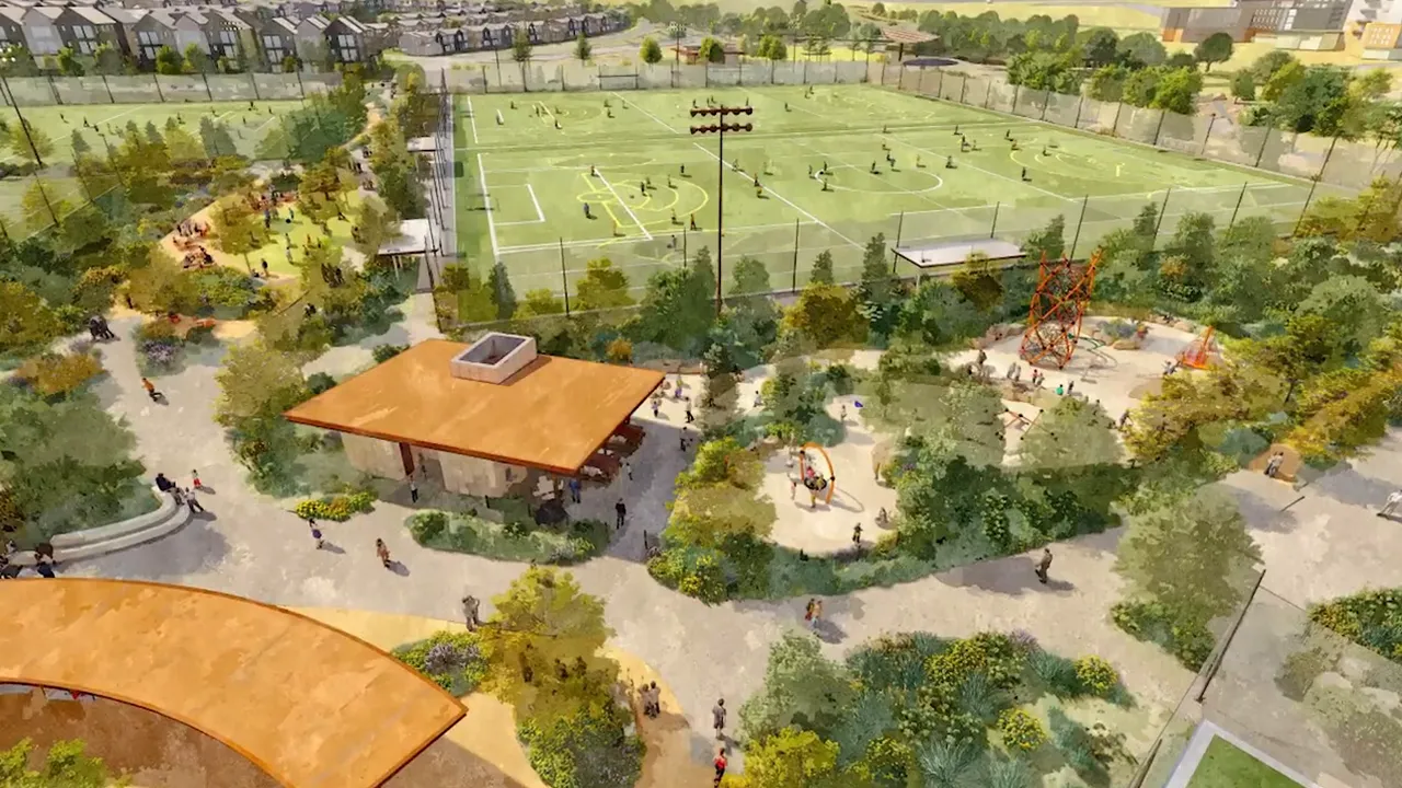 Rendering of High Note Park with sports fields paths and gathering areas
