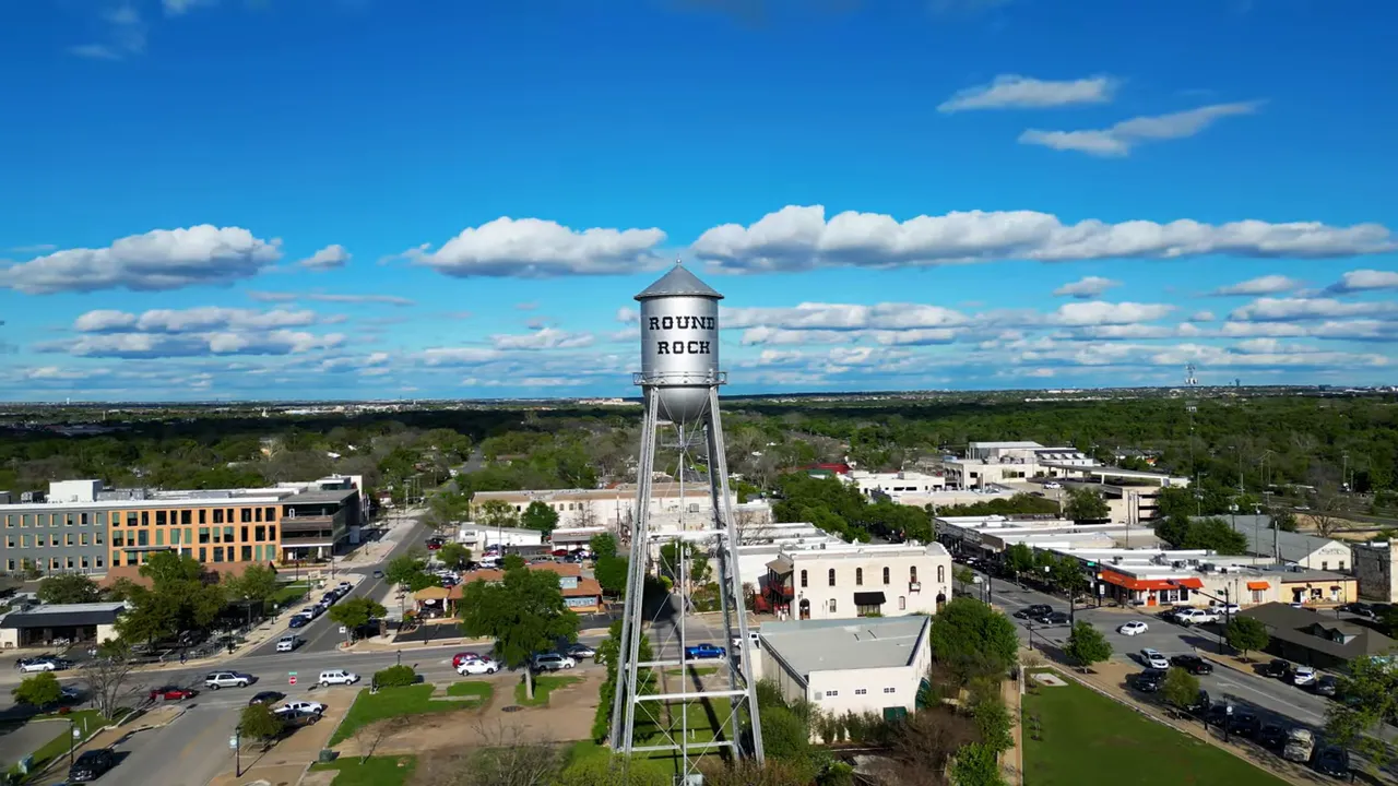 Clear aerial view of Round Rock TX featuring the Round Rock water tower