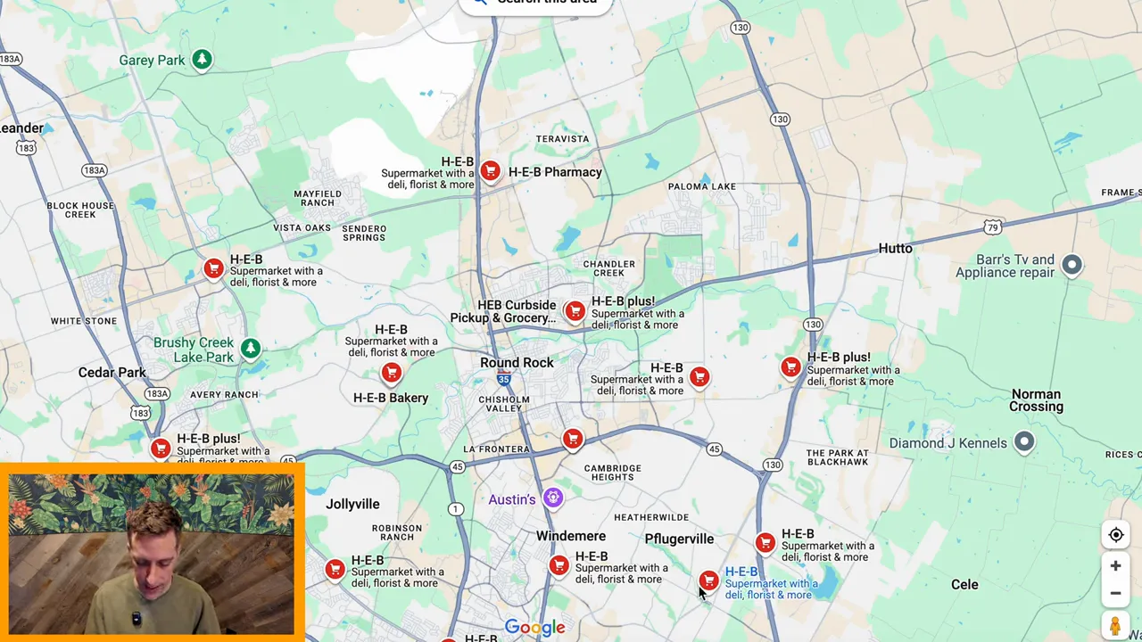 Round Rock area map highlighting H-E-B stores and pickup options