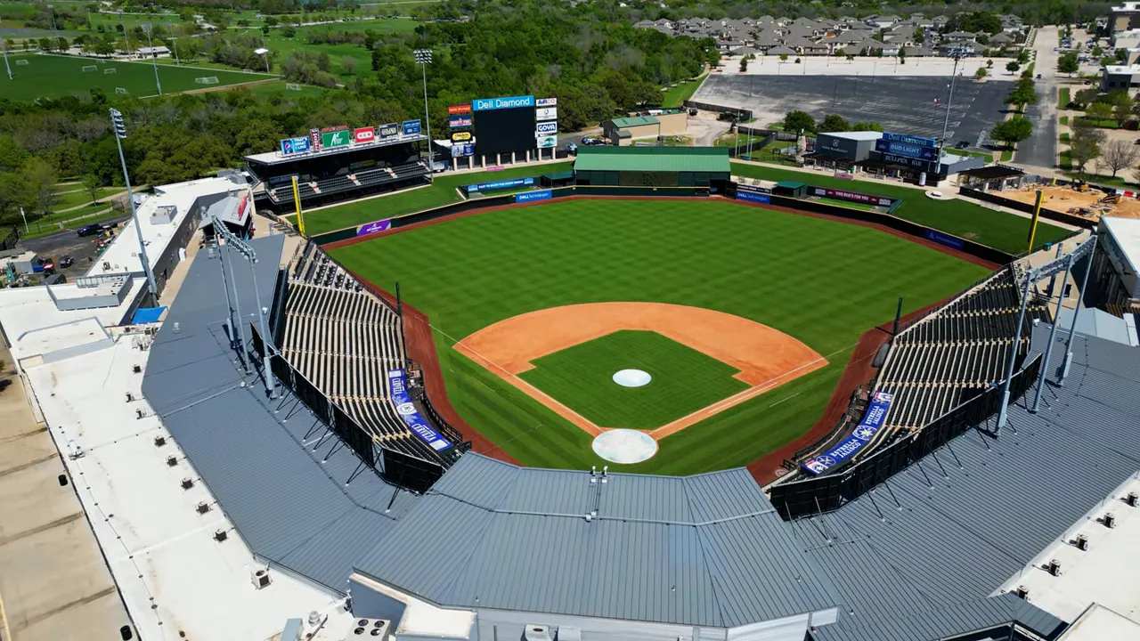 Aerial view of Dell Diamond baseball field and stadium seating in Round Rock Texas