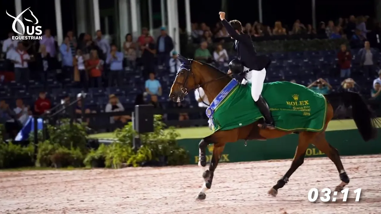 Riders and horses competing at a Wellington equestrian event