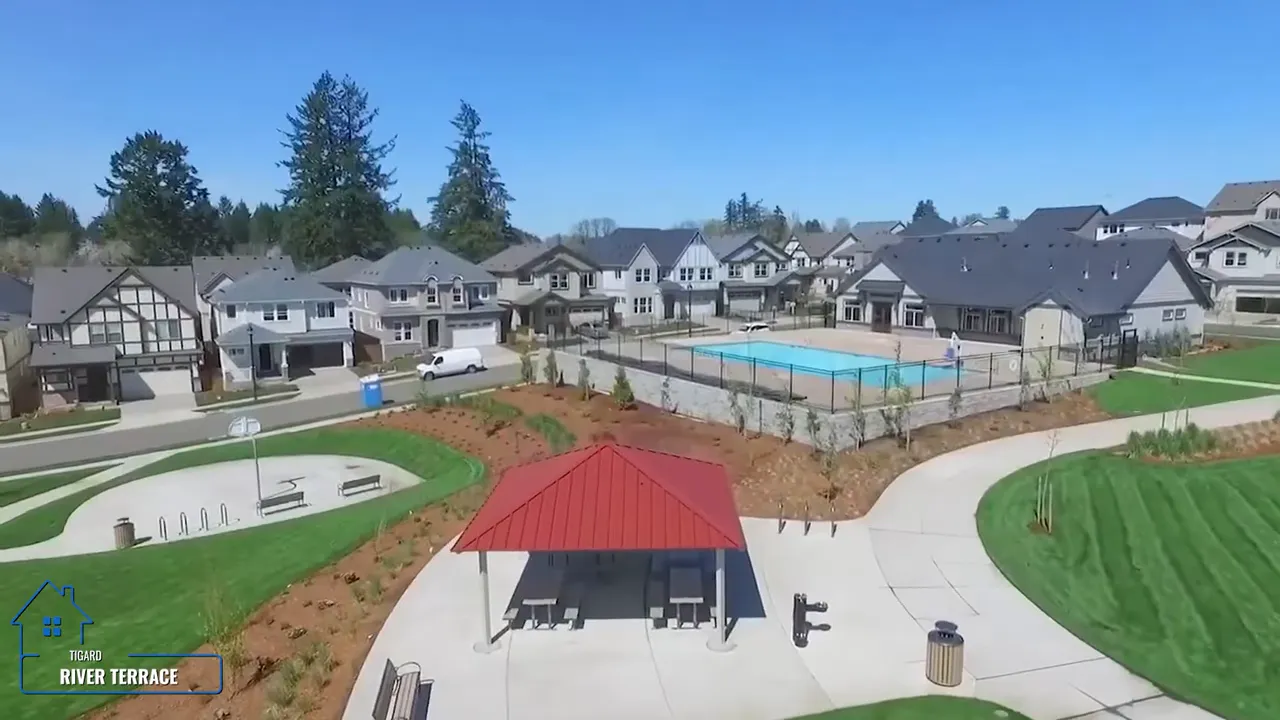 Aerial view of River Terrace park surrounded by newer homes