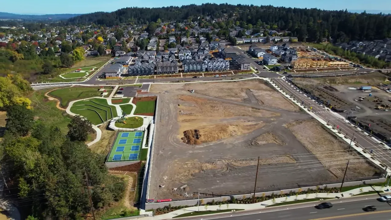 Aerial view of planned park space and surrounding River Terrace development