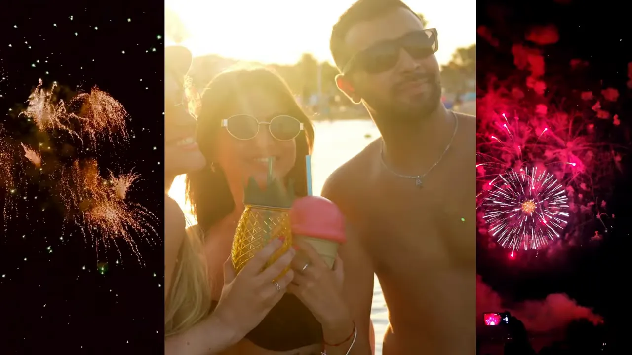 Vertical image of poolside people with fireworks on both sides