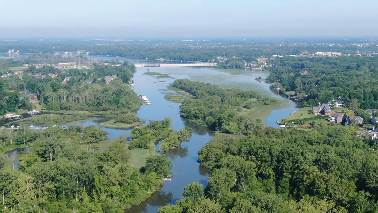 Aerial view of the river winding through Carmel and Fishers Indiana suburbs