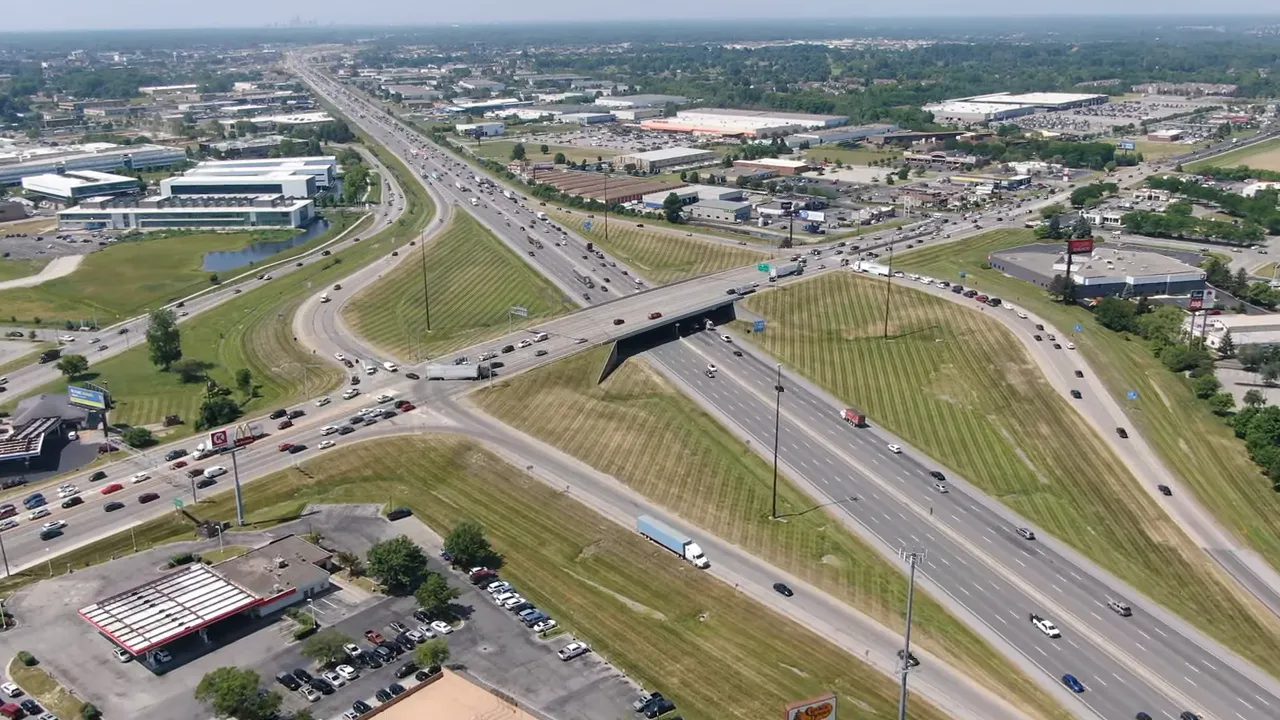Aerial view of a major road corridor in the Carmel and Fishers Indiana area
