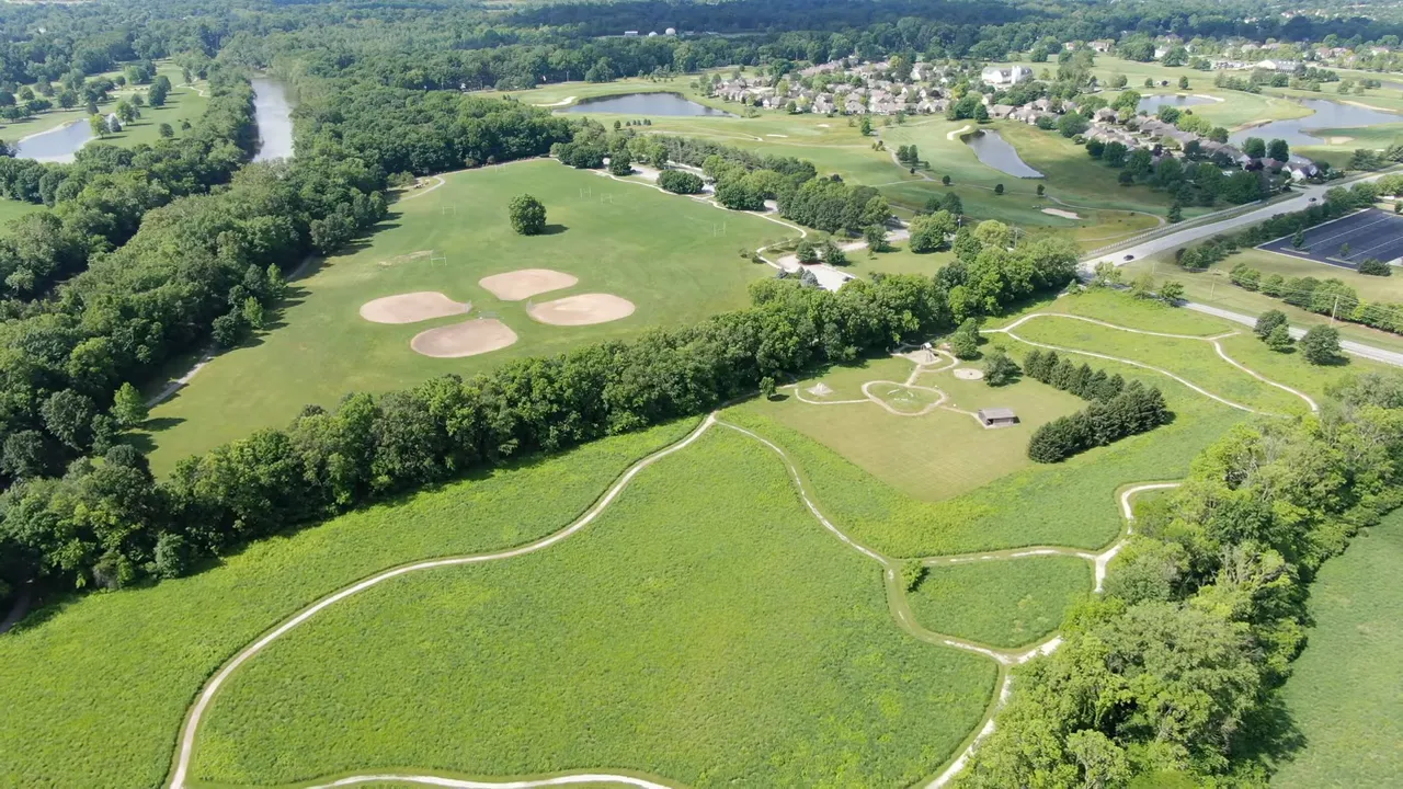 Aerial view of open park fields and walking paths near Carmel and Fishers, Indiana