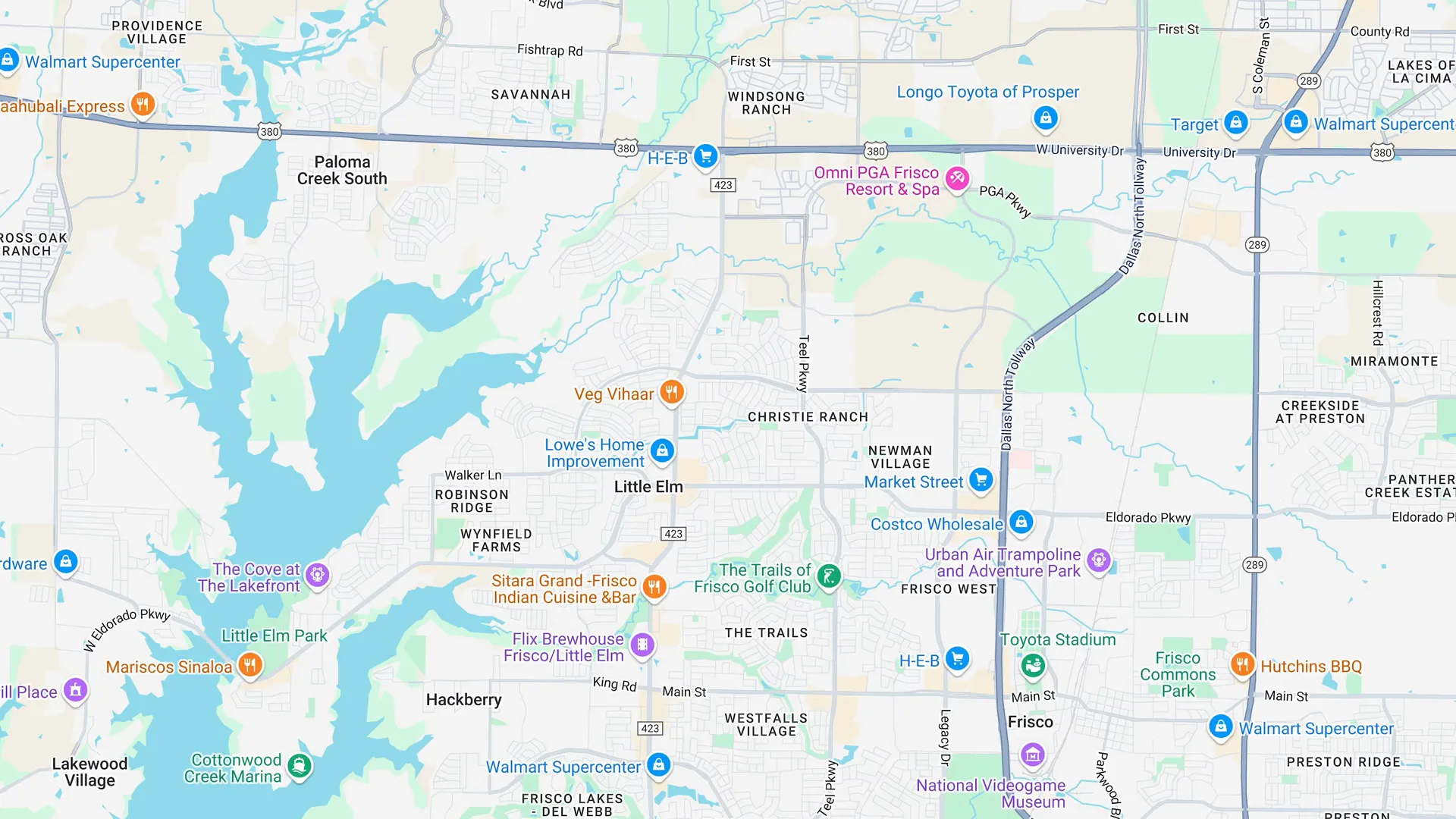 Map showing Frisco Fields location south of Highway 380