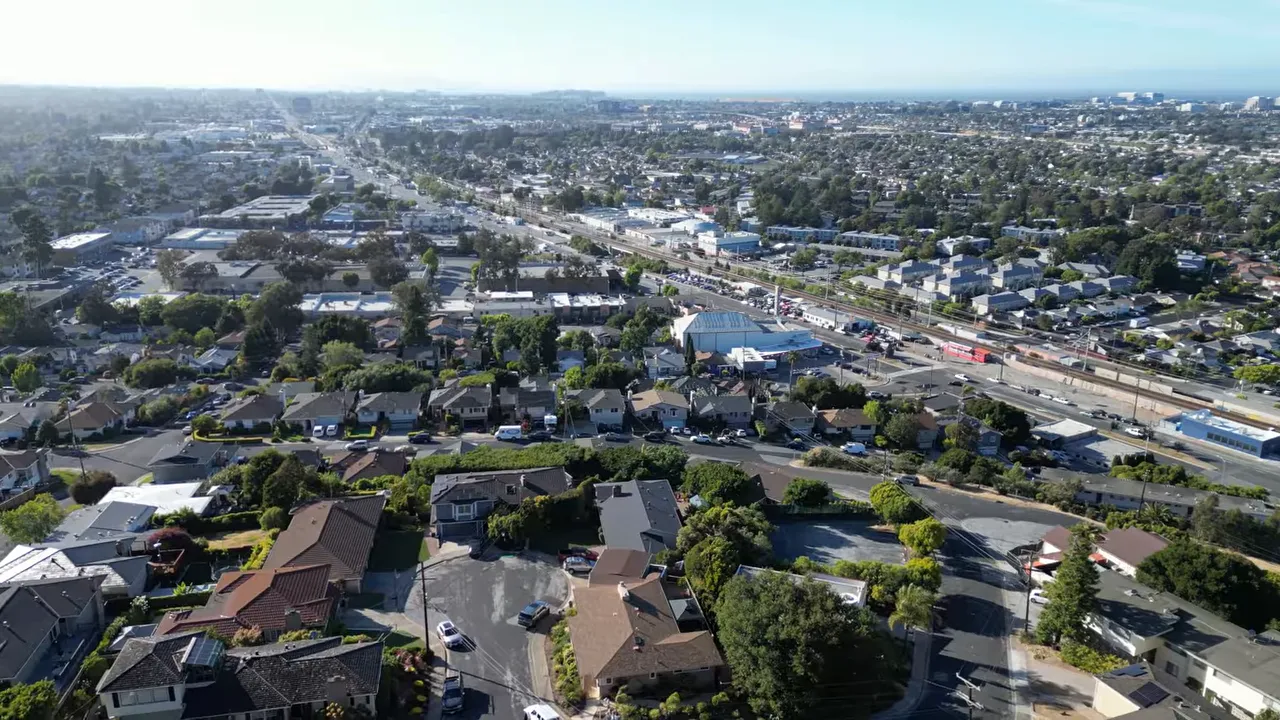 Aerial view of Belmont hillside neighborhood with winding streets