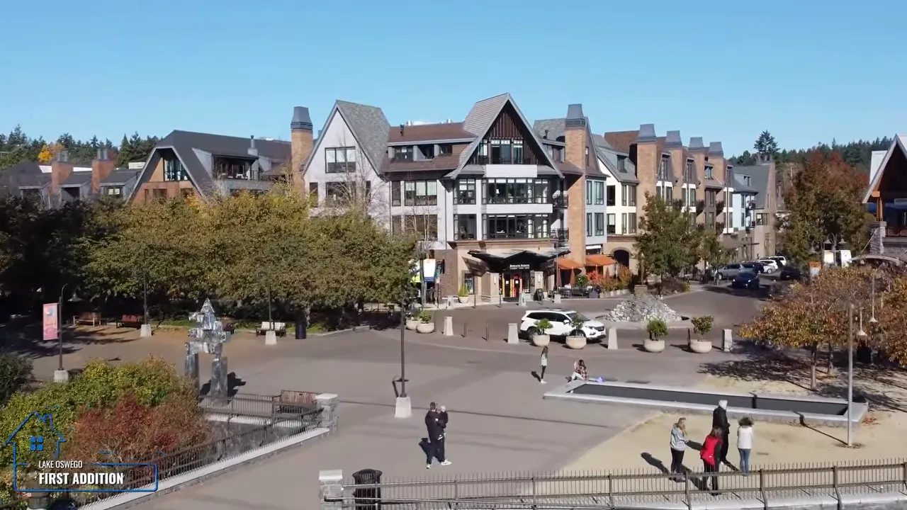 Town-center street scene in Lake Oswego’s First Addition with upscale buildings and pedestrians