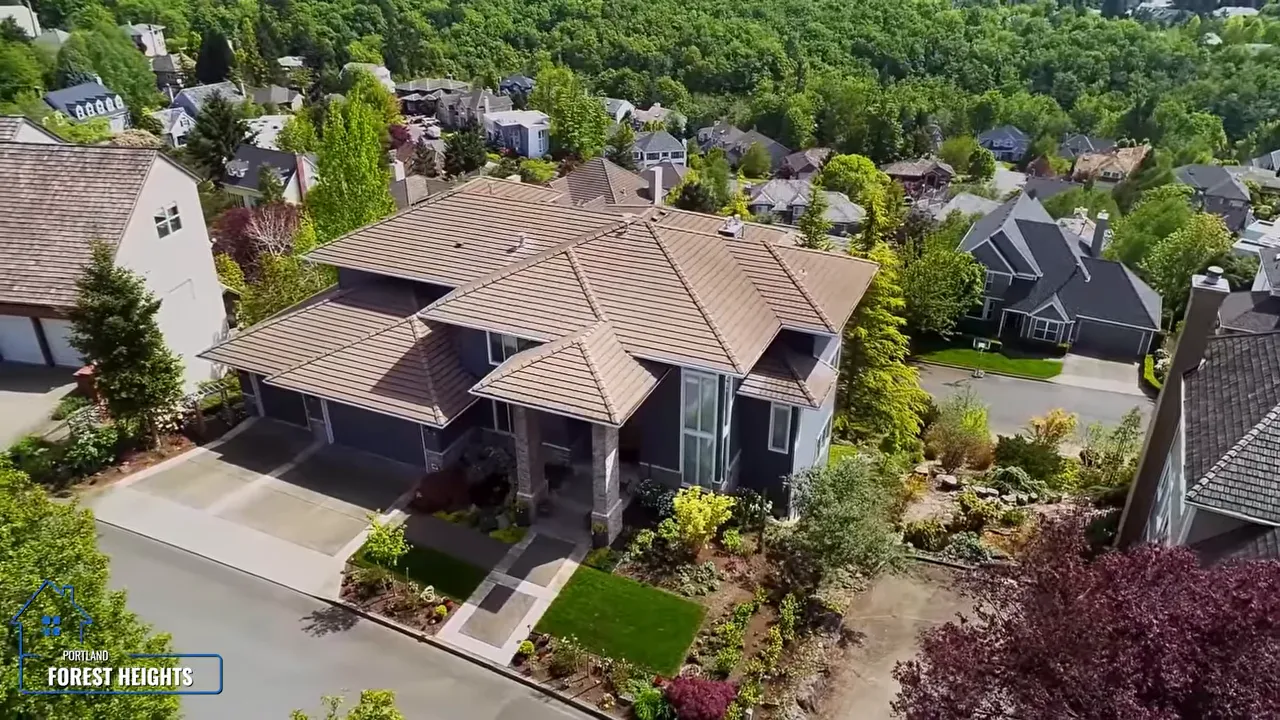 Aerial view of Forest Heights homes in Portland showing quiet streets and surrounding tree canopy
