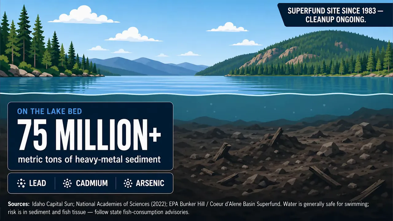 Lake graphic showing seventy five million metric tons of heavy metal sediment and lead cadmium arsenic labels