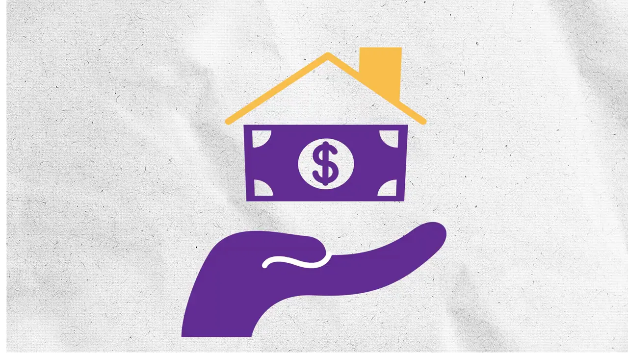 Icon of a house with a cash symbol hovering above an outstretched hand representing financial assistance for homebuyers