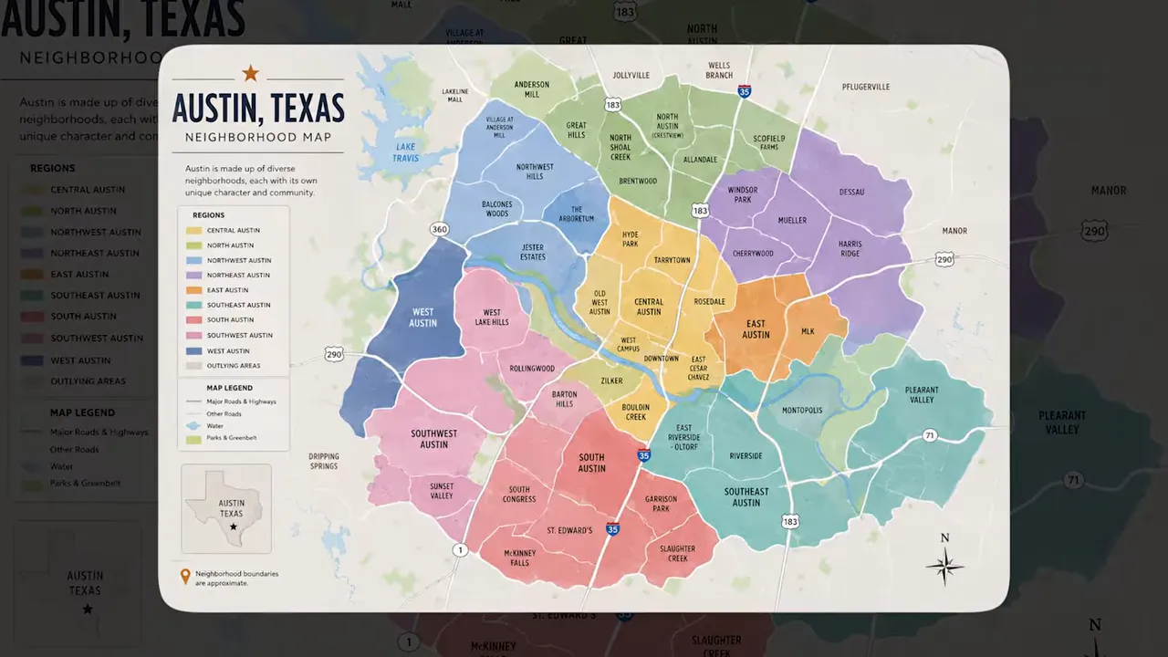 Color coded map of Austin Texas neighborhoods and regions