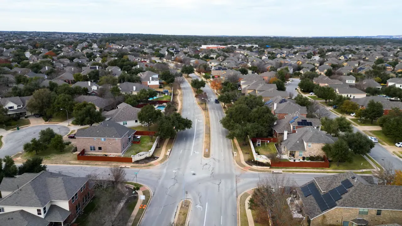 Aerial view of wide neighborhood intersection