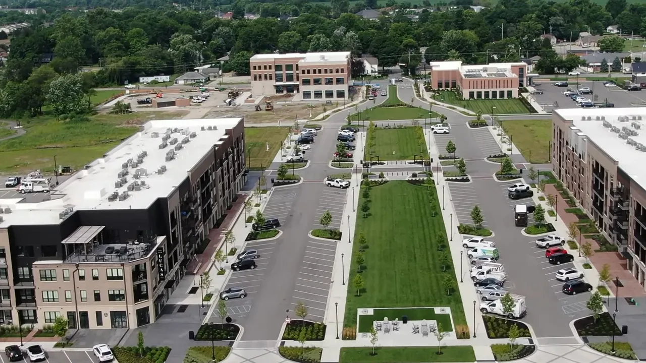 Aerial view of new apartment and mixed use development in a growing suburb