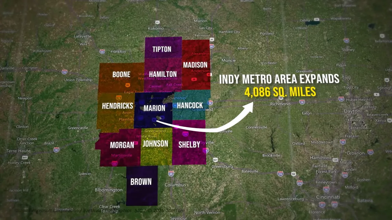 Map graphic showing Indianapolis metro counties and surrounding areas
