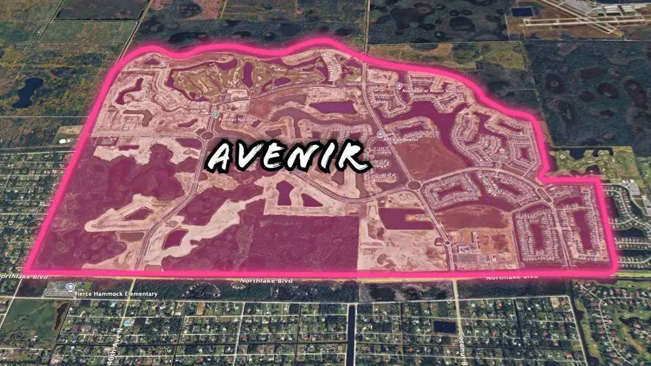 Aerial map graphic labeling Avenir west of the turnpike